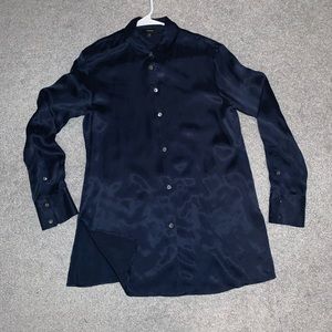 Theory satin navy blue button up